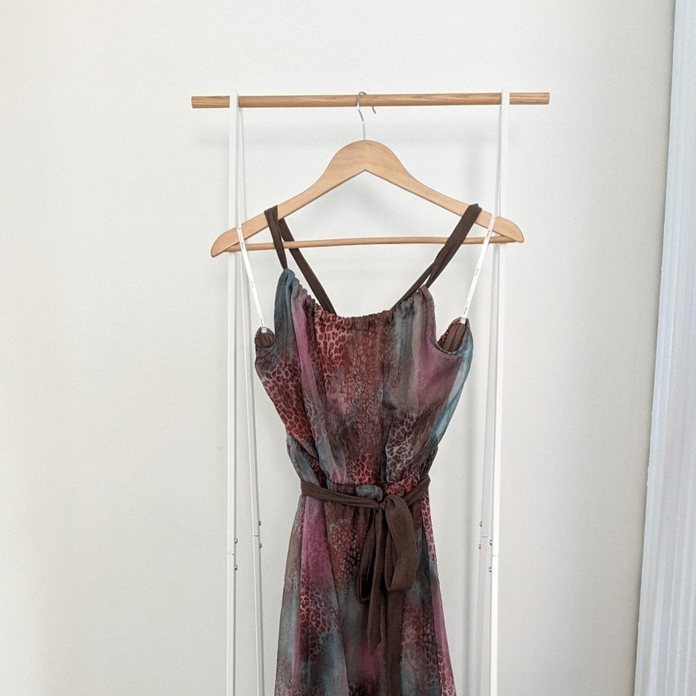 Trinity pink green brown watercolor leopard print midi cocktail halter dress M